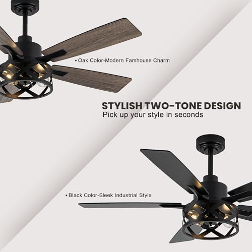 52 Inch Black Farmhouse Ceiling Fan with Lights & Remote - Whisper-Quiet DC Motor