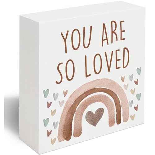 You Are So Loved Boho Rainbow Wooden Box Sign, Little Reminders Desk Sign, Inspirational Quotes Sign Decoration for Kids Room Office Nursery Playroom Girls Room Dorm -A26