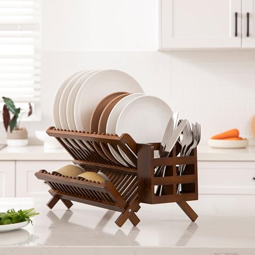 Teak Folding 2-Tier Dish Rack with Utensil Holder - Collapsible Kitchen Drying Stand