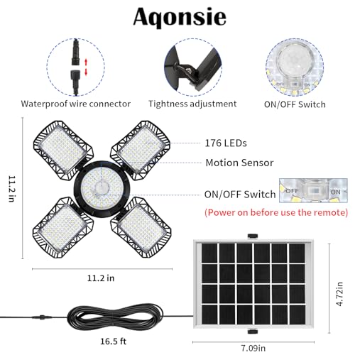 Solar Shed Light Outdoor Indoor Black 176LED Motion Sensor with Remote & 5 Modes