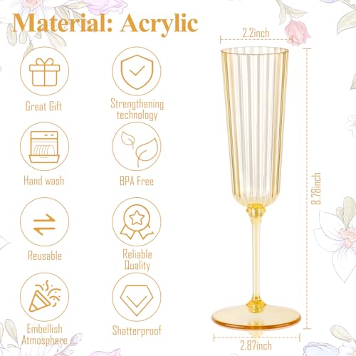 SHIQIKEJIPTY 48 Pack Gold Detachable Ribbed Champagne Glasses - 5.5 oz Plastic Flutes