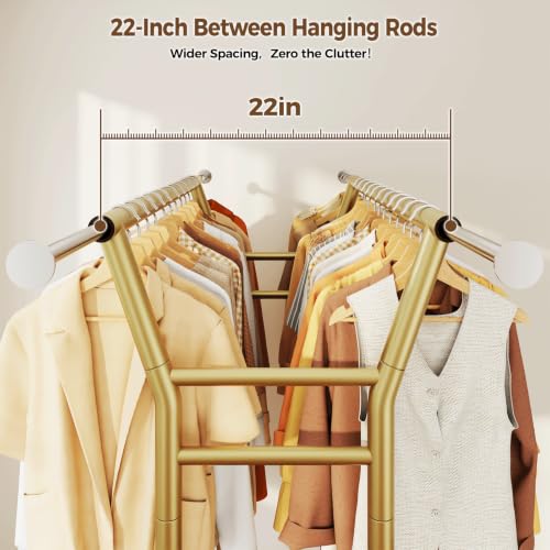HYSEYY Gold Heavy Duty Rolling Clothes Rack with Shelves - Supports 700LBS