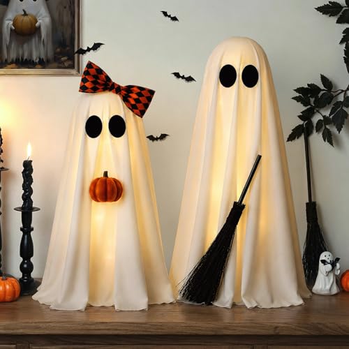 Lighted Ghost Decorations Indoor 2 Pack - Warm White Halloween Broom & Pumpkin