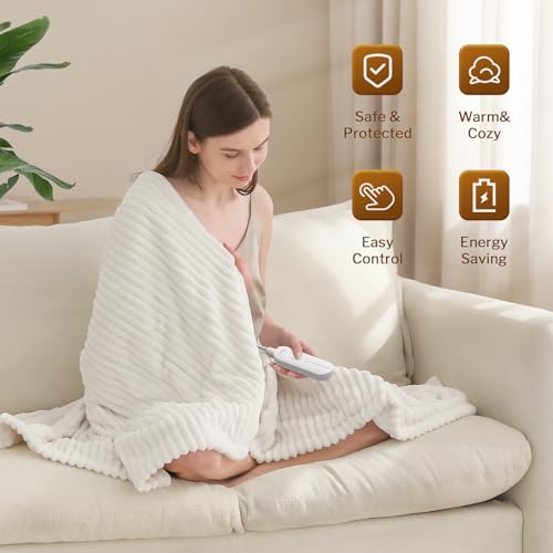 Reaks White Heated Throw Blanket 50x60in with 5 Heat Levels & Auto-Off