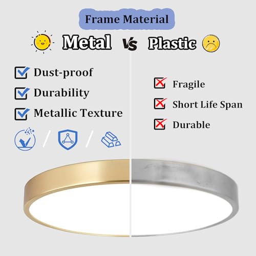 12 Inch Brushed Gold LED Ceiling Light - Modern Flush Mount Fixture with 3 Color Temperatures