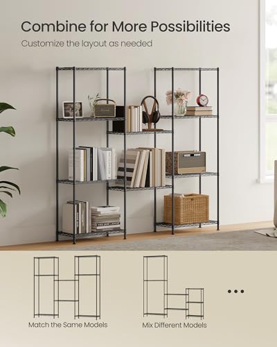 SONGMICS Black 5-Tier Adjustable Wire Shelving Unit with 8 Hooks, 11.8"D x 23.6"W