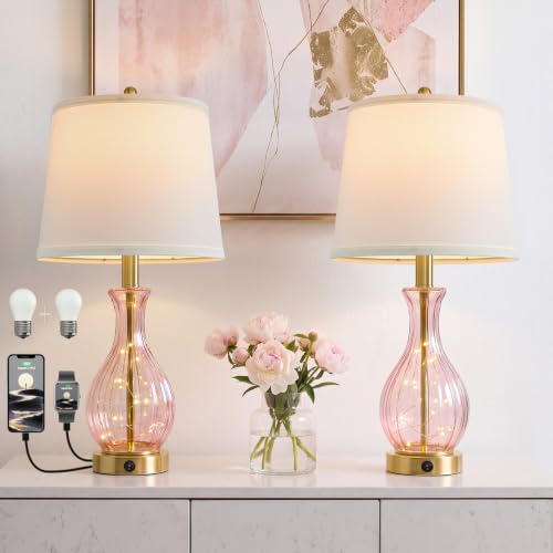 Pink Glass Table Lamps with Fairy Lights for Bedroom Nightstands - Set of 2