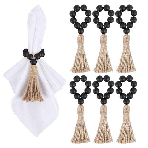 Meplait 6 Pieces Wooden Bead Napkin Rings - Farmhouse Stretchable With Tassel, Boho Style for Dining Table, Wedding Decoration (Black)