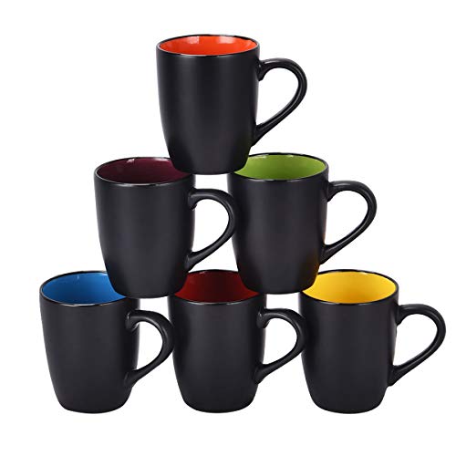 Lifecapido 6-Pack 16oz Black Ceramic Mugs – 16 oz Each, Set with Black Exterior, Inner Color Variation Included