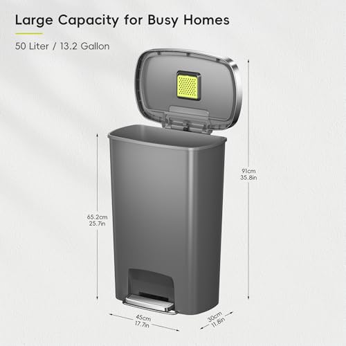 EKO Hana Select 13.2 Gallon Step Trash Can - Space Grey, Large Plastic Kitchen Bin