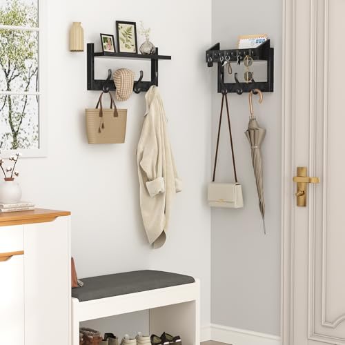Black 29-Inch Wall Mount Coat Rack with Shelf & 11 Hooks - Entryway Organizer