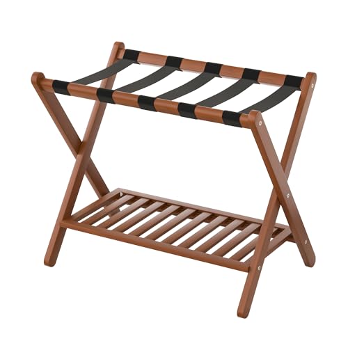Natuvite Foldable Bamboo Luggage Rack with Storage Shelf - Chestnut Brown 1Pcs