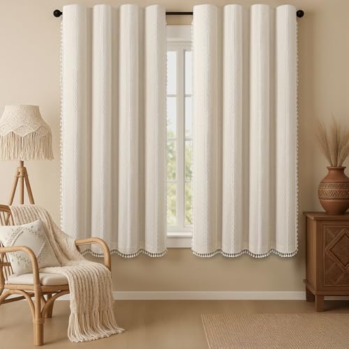 Boho 100% Blackout Curtains 63 Inch 2 Panels Linen Blend Beige