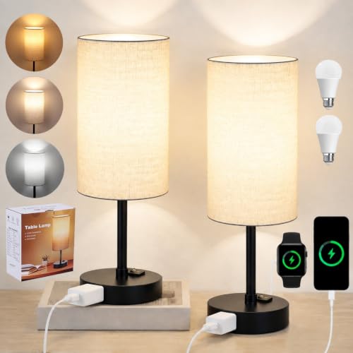 ZJOJO Set of 2 Bedside Table Lamps with Flaxen Fabric Shade & Black Base, 13.8 Inch Nightstand Lamps for Bedroom