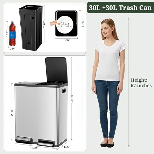 SageNest 16-Gallon Step-On Dual Compartment Stainless Steel Trash Can - Silver
