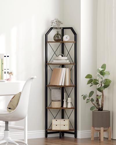 CHOEZON Rustic Brown & Black 5-Tier Corner Shelf - Industrial Corner Bookcase & Plant Stand