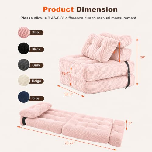 Pink Folding Sofa Bed - King Oasis Corduroy Chair Bed with Pillows, 3-in-1 Convertible Floor Couch