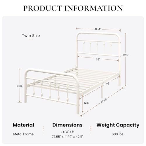 Twin Metal Bed Frame with Victorian Iron Headboard - Cream, White