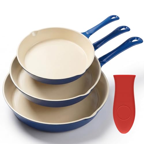 Enamel Cast Iron Skillet Set 3 Pieces Nonstick Heavy-Duty Frying Pans - Blue