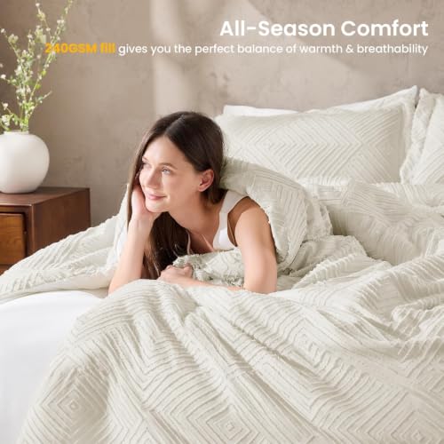 JOLLYVOGUE Queen Comforter Set 7-Piece Boho Tufted Bed in a Bag Beige & White, Queen (88"x88")