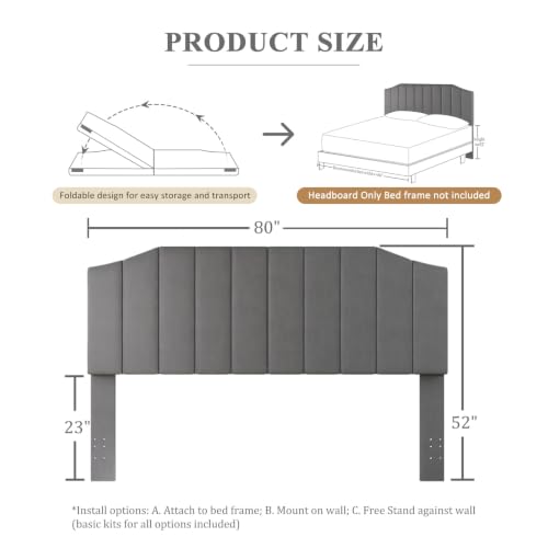 Velvet King Headboard Wall Mount - Dark Gray, Modern Design, Bed Frame Compatible