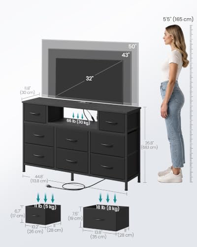 INK Black Dresser with Outlets & LED Lights - 8 Fabric Drawers, 44.8 W x 26.8 H