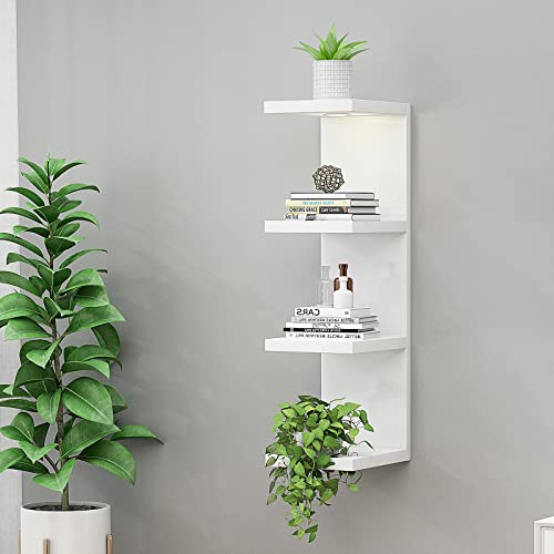 White 4-Tier Wall Shelf with LED Remote Light - Floating Storage Unit