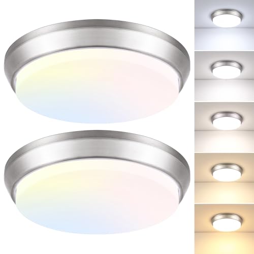 13 Inch Brushed Nickel Flush Mount Ceiling Light 2 Pack - Dimmable LED Fixture with 5 Color Temperatures
