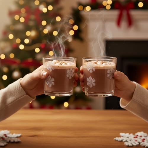 Bokon 14 oz Snowflake Glass Cups - 2 Pack Clear Snowflake Drinking Glasses