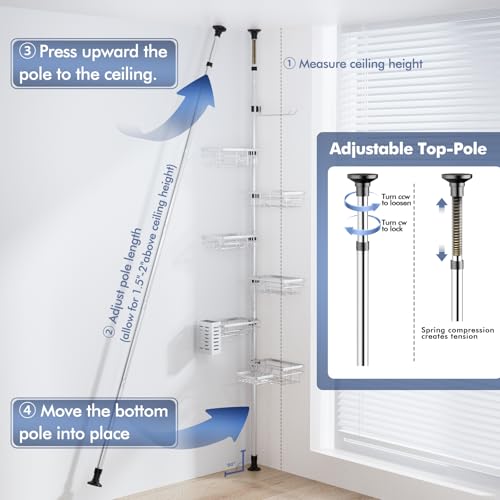 Silver Shower Caddy Corner Tension Pole with 6-Tier Stainless Steel Shelves Bathroom Organizer