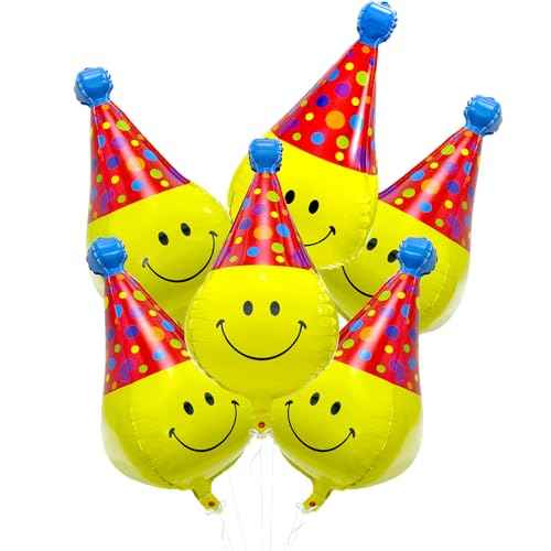 Unique 4D Happy Emoticons With Hat Balloons Smile Face Helium Balloons, 6 Pack Cute Cartoons Movie Character Smile with Party Hat Foil Mylar Balloons For Kids Birthday Decoration Party Supplies