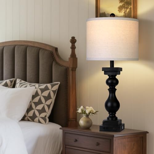 Black Farmhouse Table Lamps Set of 2 with USB A+C & AC Outlets - 28 Inch Touch Rustic Bedside Lamps