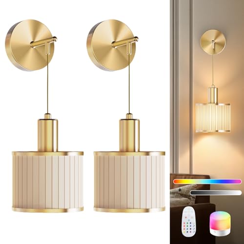 SAIMAND Set of 2 Gold and Beige Wireless Rechargeable Wall Sconces with Adjustable RGB Colors