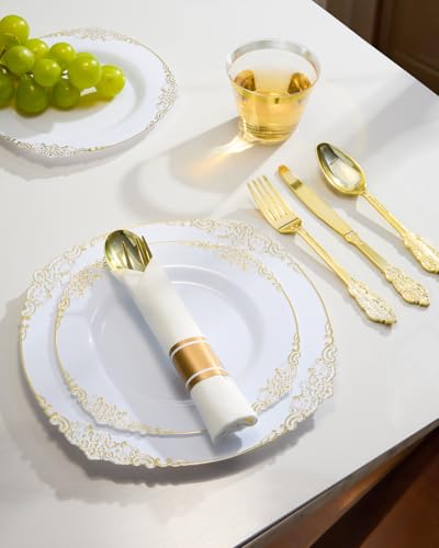 Gold Plastic Dinnerware Set for 50 Guests - Elegant Disposable Party Plates & Utensils