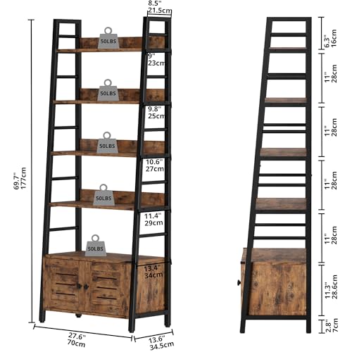 4-Tier Ladder Bookcase with Louvered Doors - Rustic Brown, Sturdy & Space-Saving
