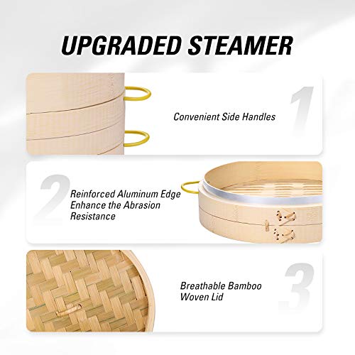 Bamboo Steamer Basket Set for Dim Sum Dumplings Vegetables - 10 Inch