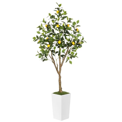 6FT Artificial Lemon Tree with White Tall Planter - Realistic Faux Indoor Outdoor Decor