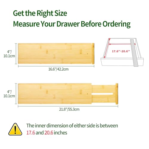 VaeFae 6 Pack Bamboo Drawer Dividers 4 Inch High, Adjustable 16.6-21.8 Inch for Kitchen, Bedroom, Bathroom, Office Storage