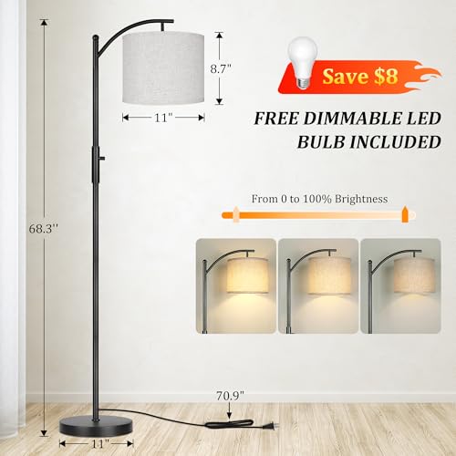 ROTTOGOON Black Dimmable Arc Floor Lamp - Modern Tall Standing Lamp with Linen Shade, 0-100% Stepless Dimming for Living Room & Bedroom