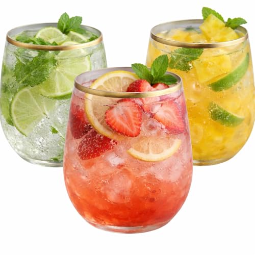 Oojami 48 Pack Disposable Plastic Stemless Wine Glasses 10 oz Gold Rim