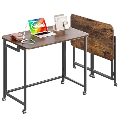 31.5-Inch Small Folding Mobile Computer Desk with Wheels - Rustic Brown & Black