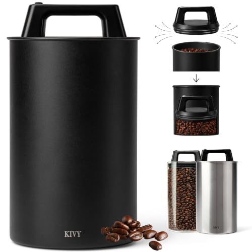 KIVY Large Black Vacuum Coffee Canister - Airtight Stainless Steel Storage for Fresh Coffee