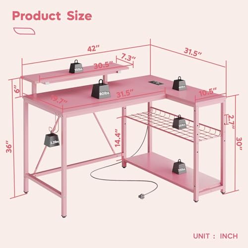 Pink Carbon Fiber Gaming Desk with LED Lights & Power Outlets - 42 Inch L-Shape