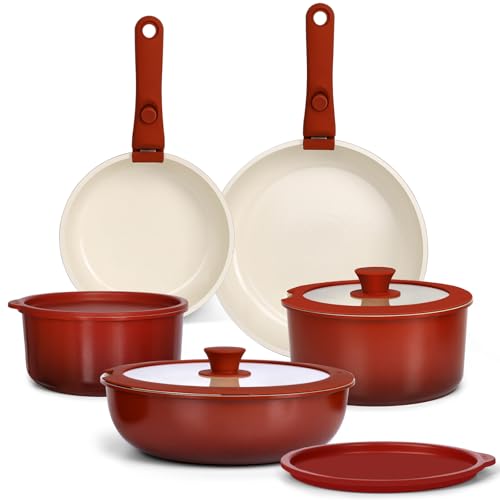 Red and Black Gradient 11-Piece Nonstick Cookware Set with Detachable Handles
