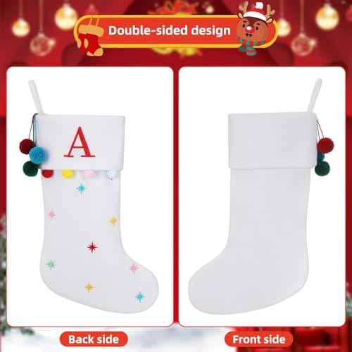 19.5 Inches Initial Monogram White Christmas Stocking Personalized, Embroidered Letter Fleece Christmas Stocking with pom poms Decoration for Family Christmas Holiday Party Decor-A
