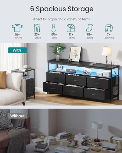 SONGMICS Wide 6-Drawer Dresser in Ink Black with Open Shelf - 13.8"D x 57.8"W x 26.8"H