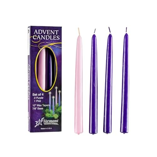 Christmas Advent Candle Set (Set of 4) - Made in The U.S.A. - 10 Inch Wax Taper Candles - 3 Purples Candles & 1 Pink Candle