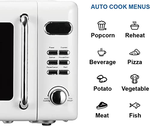 Emerson Retro White Countertop Microwave Oven 0.7 Cu Ft 700W with 5 Power Levels