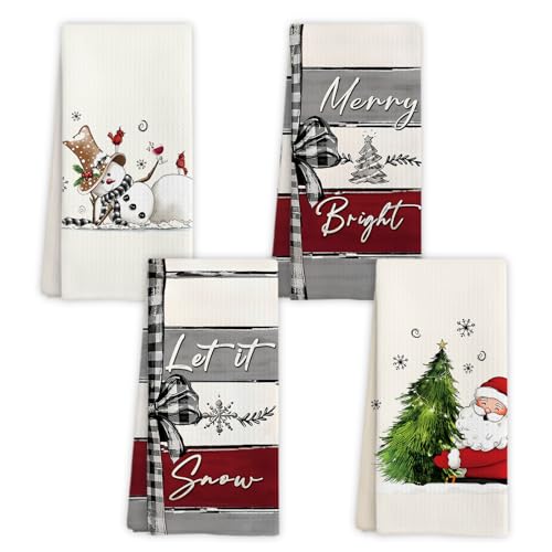 Winter Christmas Tree Santa Snowman Kitchen Towels, Rustic Gray White