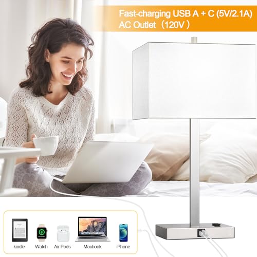 21-Inch Set of 2 Touch Control Bedside Table Lamps with USB & AC Outlets, White Linen & Brushed Nickel, Dimmable, Nightstand Lamps for Bedroom & Living Room